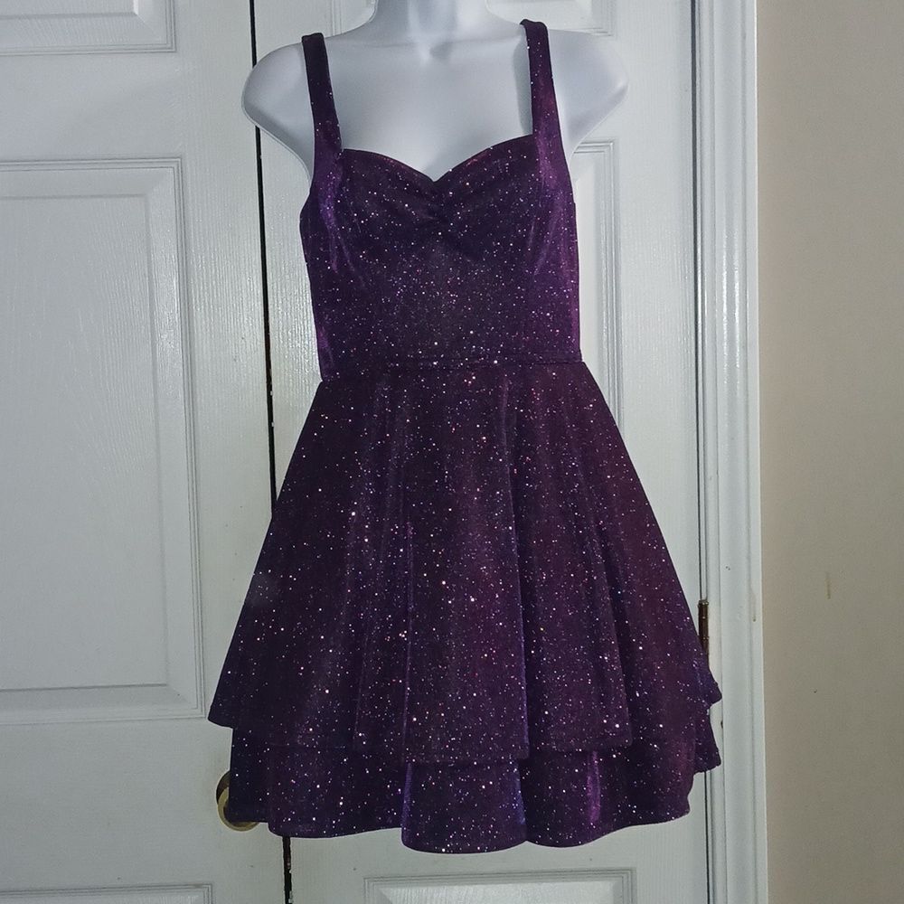 Camille La Vie purple/blue Metallic Glitter Sweetheart Fit Flare Two Tier Dress